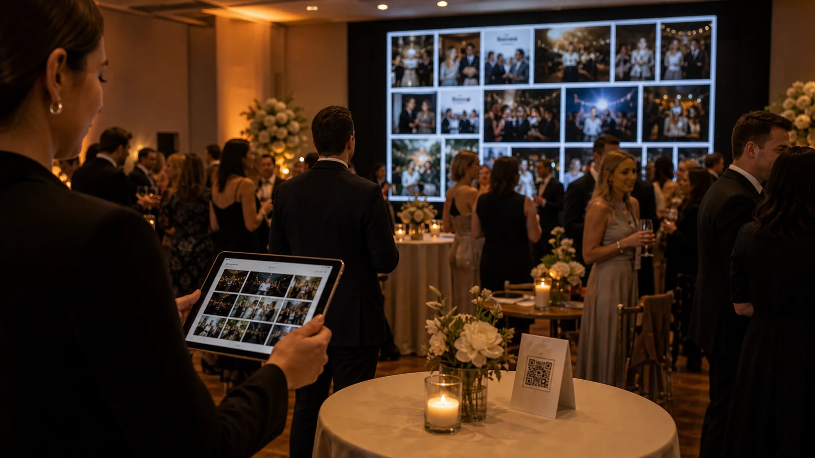 A live photo wall on a large screen at an event showing guest uploads appearing in real time