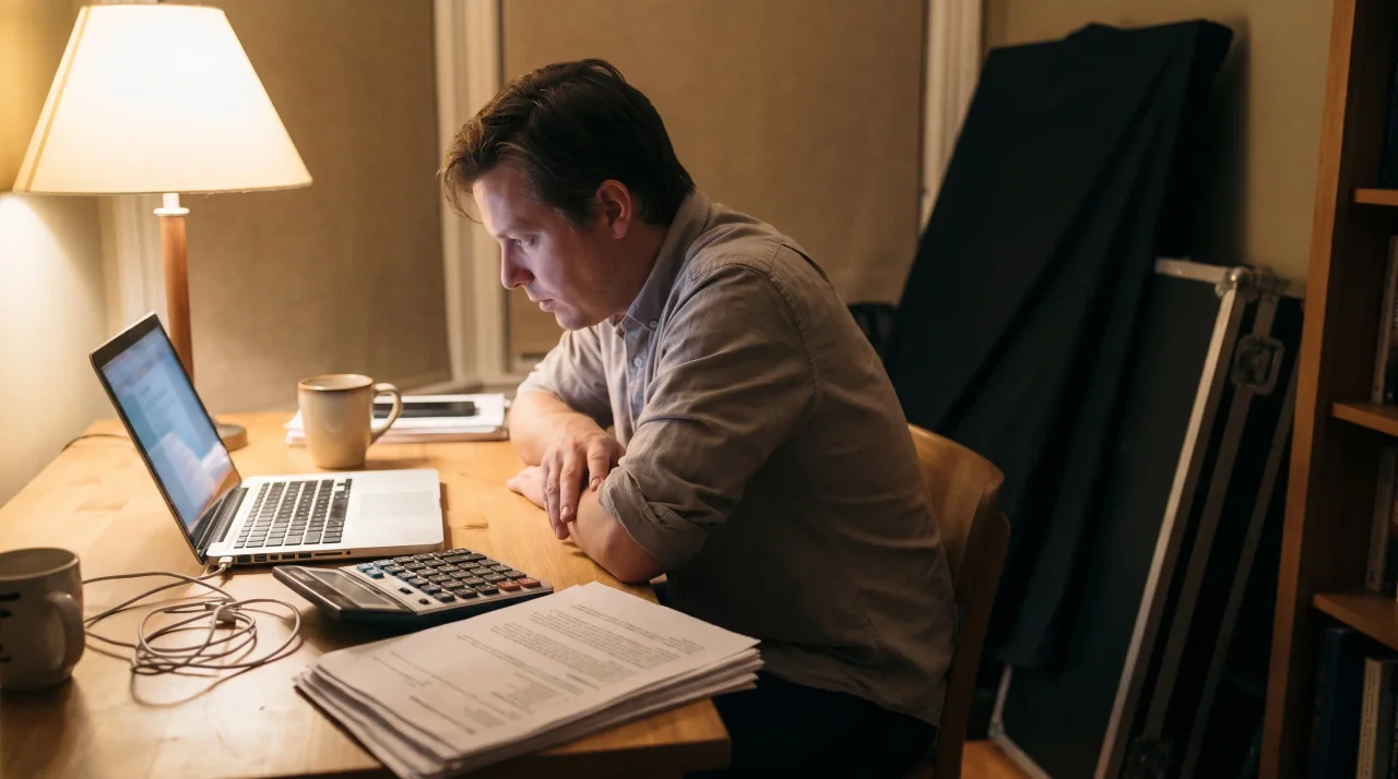 Photo booth operator reviewing bookings and invoices at a desk with a calculator and packed backdrop