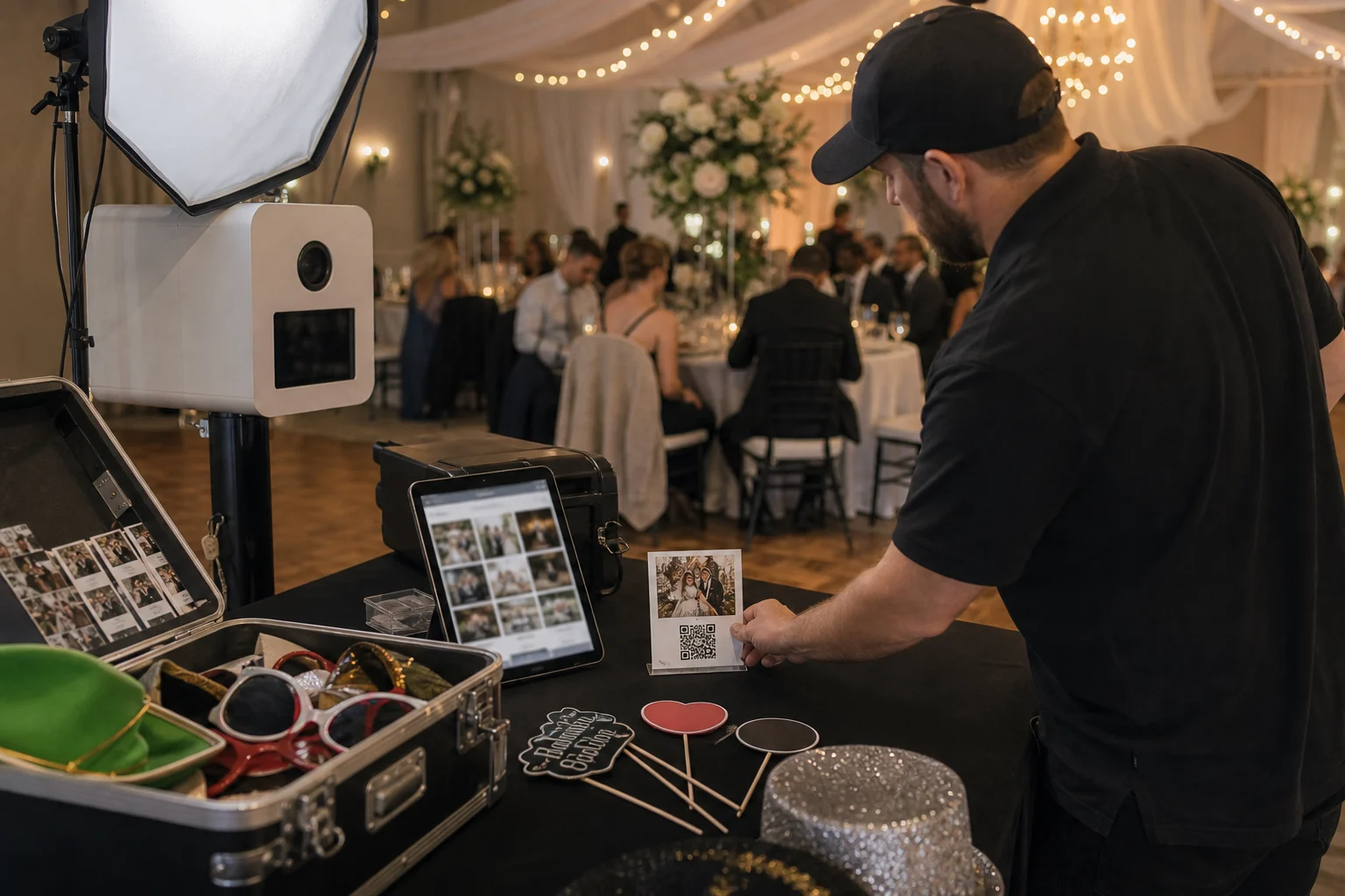 Photo booth at an event with a QR sign inviting guests to a branded digital album on their phones