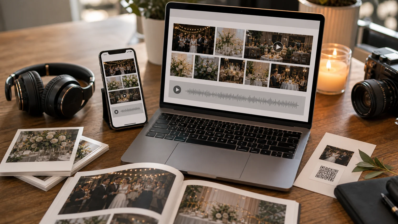 One branded event album showing photos, a video clip and a voice message together on a phone