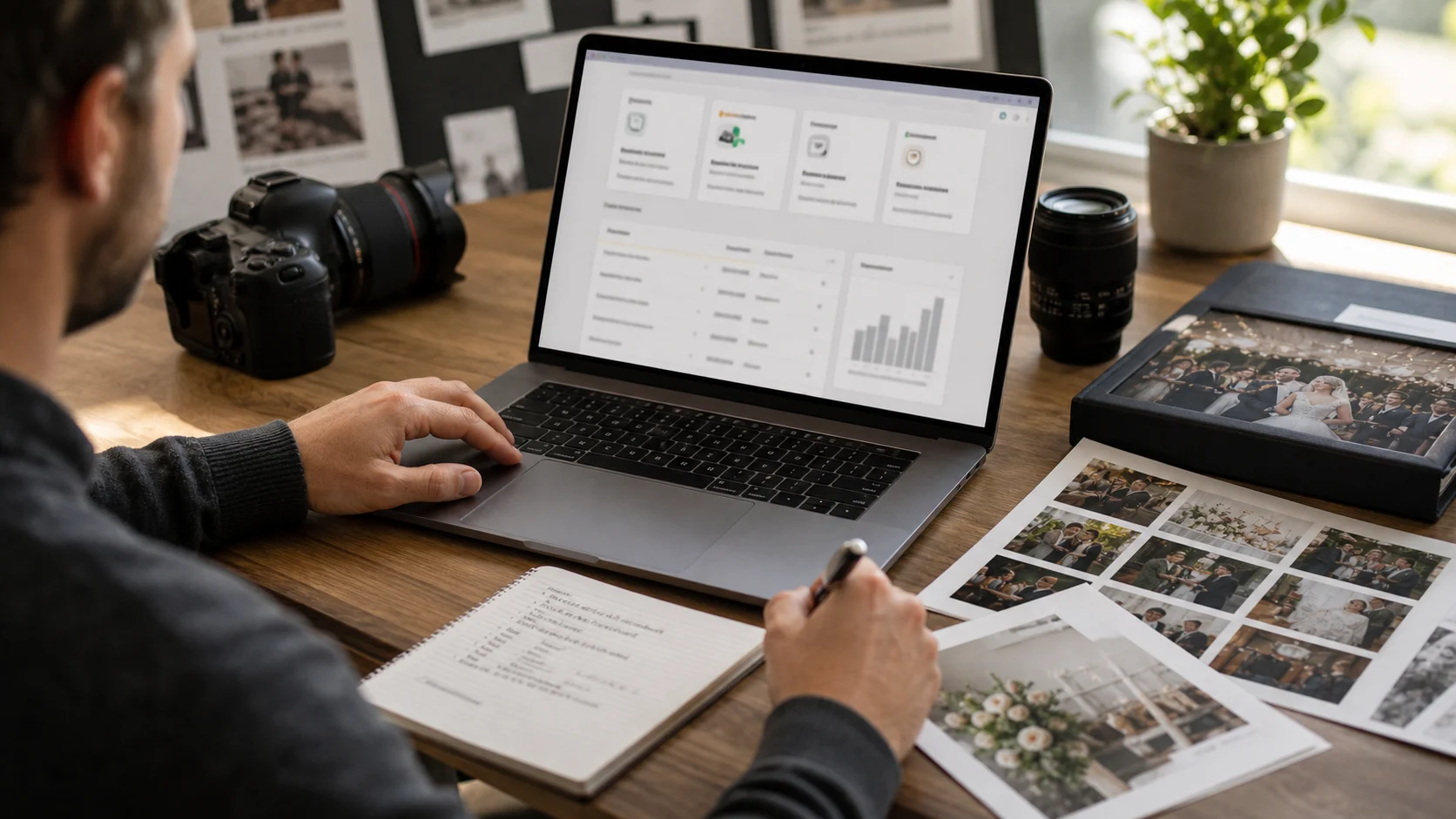 Photographer setting up a branded QR guest-photo album on a laptop between bookings