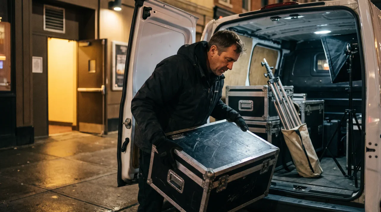 Photo booth operator loading flight cases into a van at night after an event