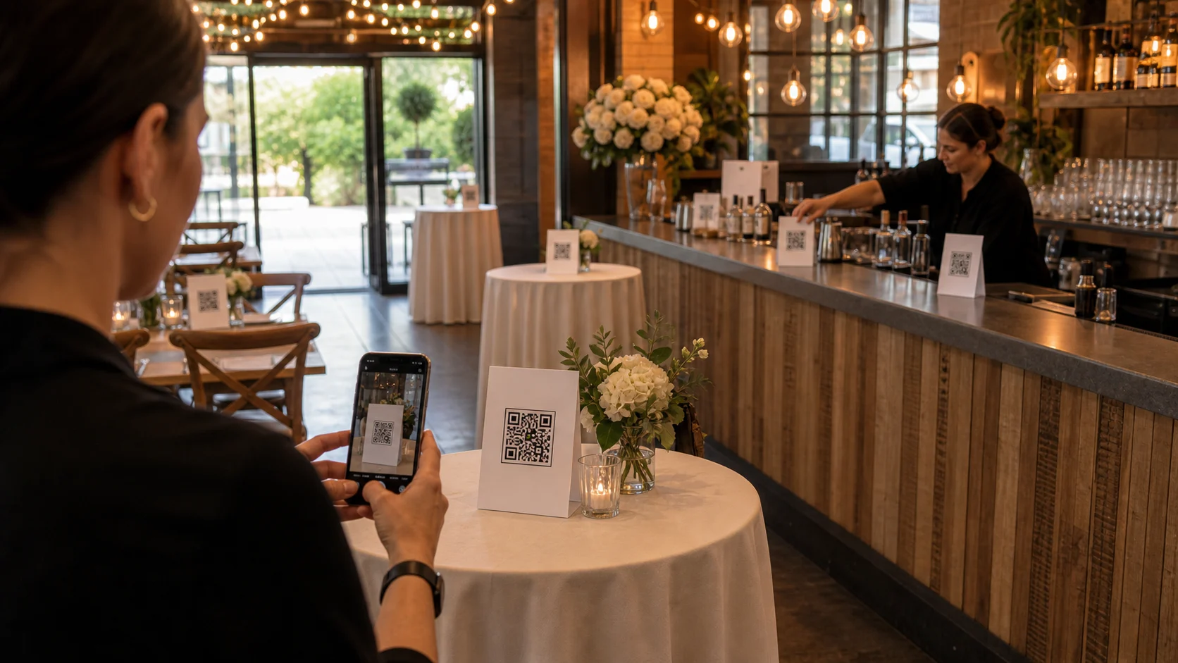 Well-placed QR code signage on event tables, at the bar and near the entrance