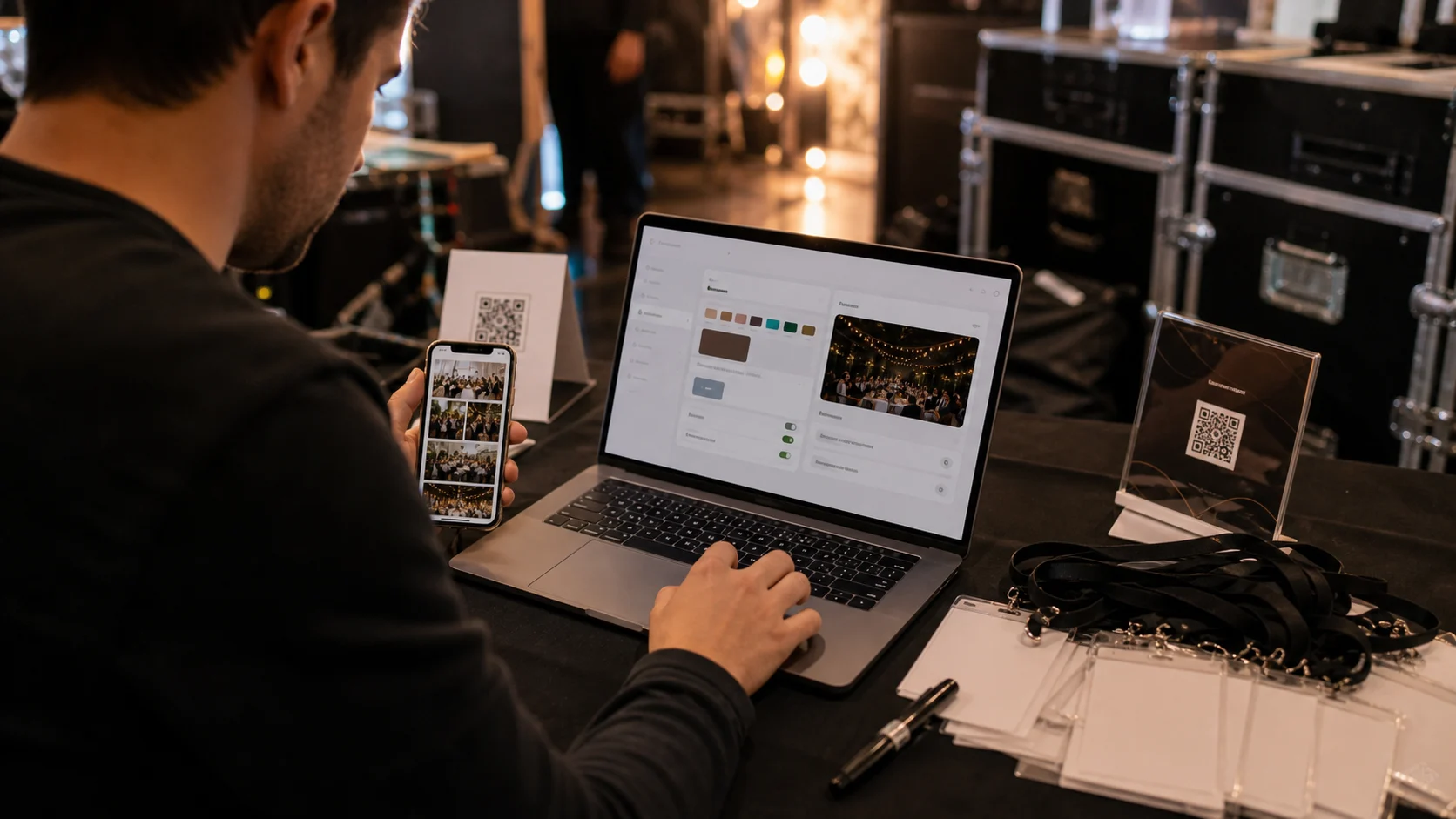 An operator setting up a branded event on a laptop with a QR sign ready to print
