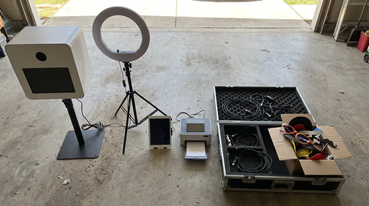 Complete photo booth kit laid out in a garage: booth shell, ring light, tablet, printer, flight case and props