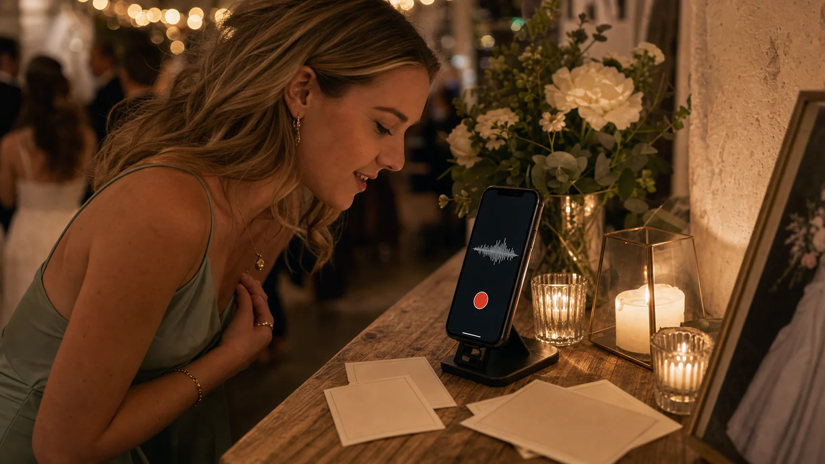 A guest smiling while recording a heartfelt voice message at an event