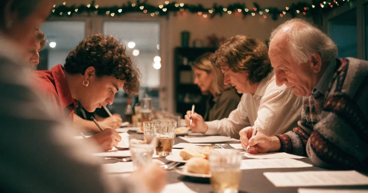 Colleagues around a long table at an office Christmas party, mid-game, paper quiz sheets and pens between the plates