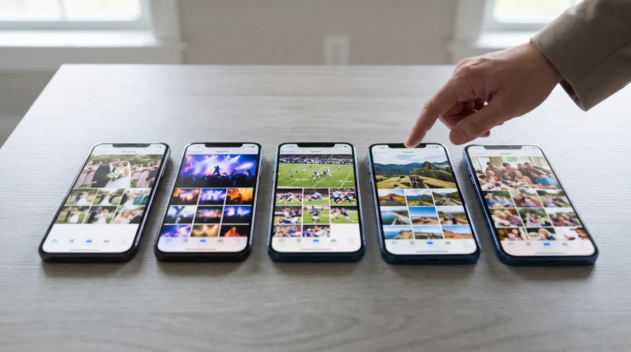 Several phones in a row on a table each showing a different event photo gallery