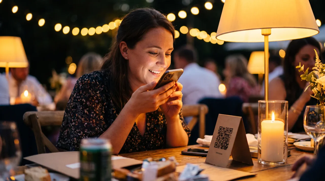 Wedding guest recording a voice message on their own phone beside a QR card and a candle
