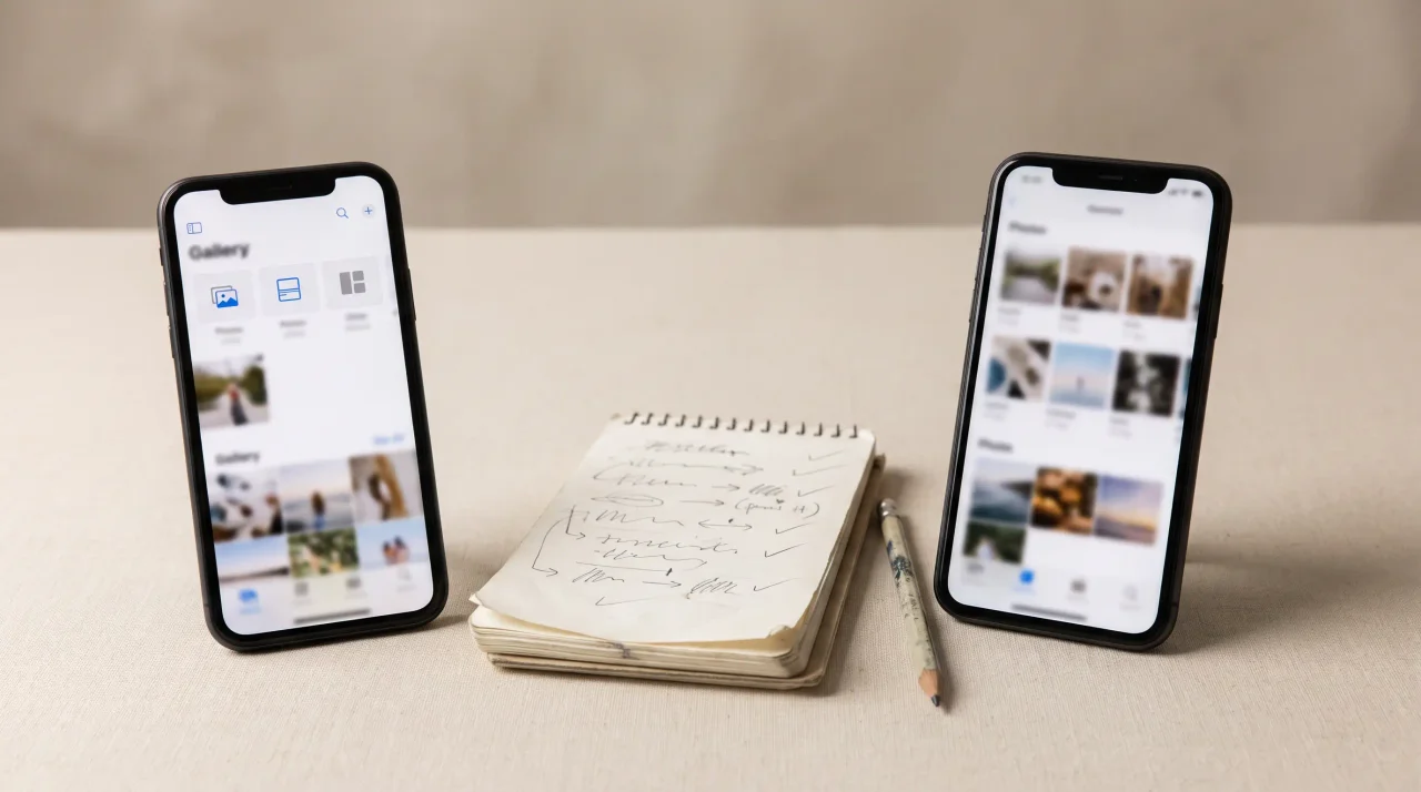 Two phones side by side showing different event photo apps with comparison notes between them