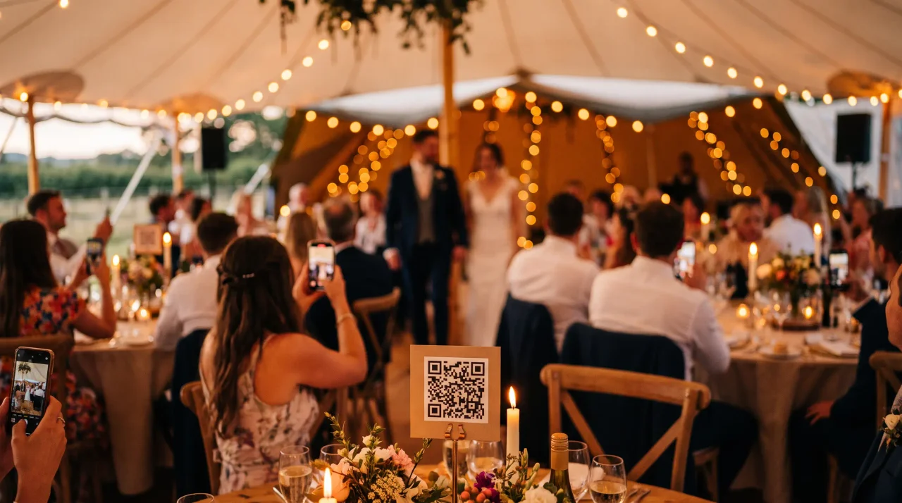 Wedding guests photographing the couple in a marquee with a QR card on the nearest table