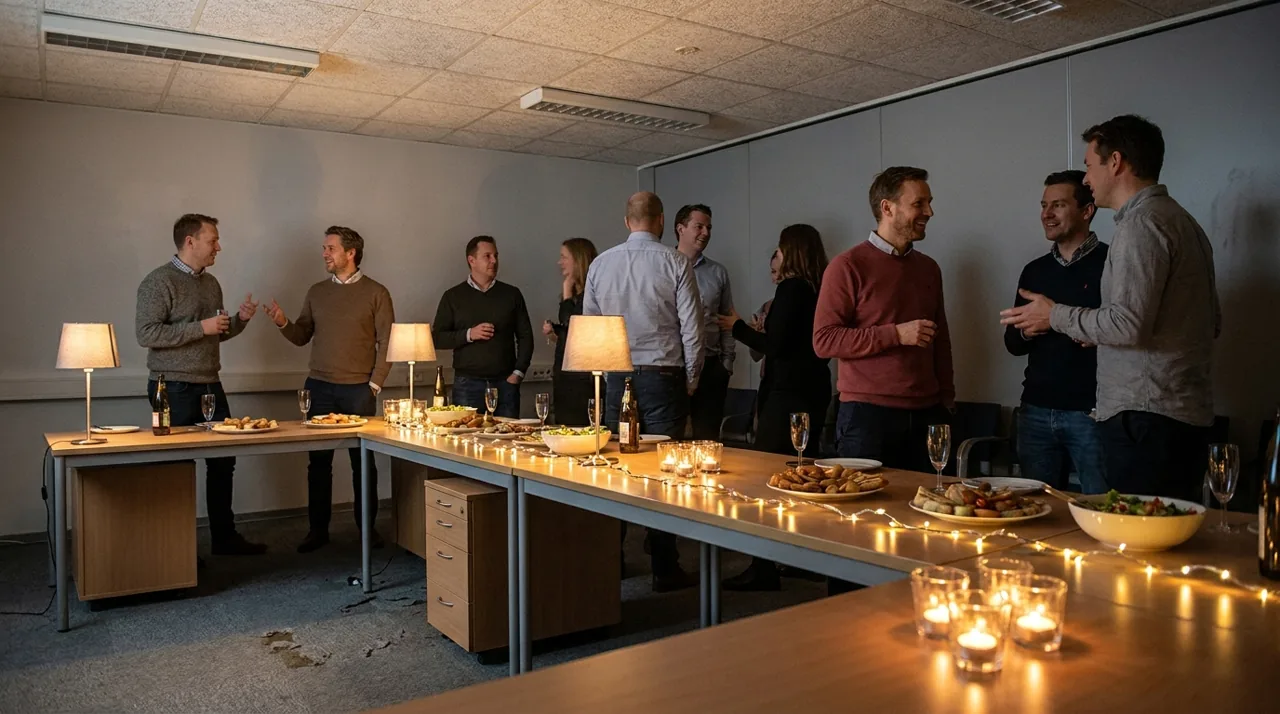 Weihnachtsfeier im nüchternen Besprechungsraum, mit Lichterketten und Teelichtern beleuchtet, Kolleginnen und Kollegen an einer langen Tafel