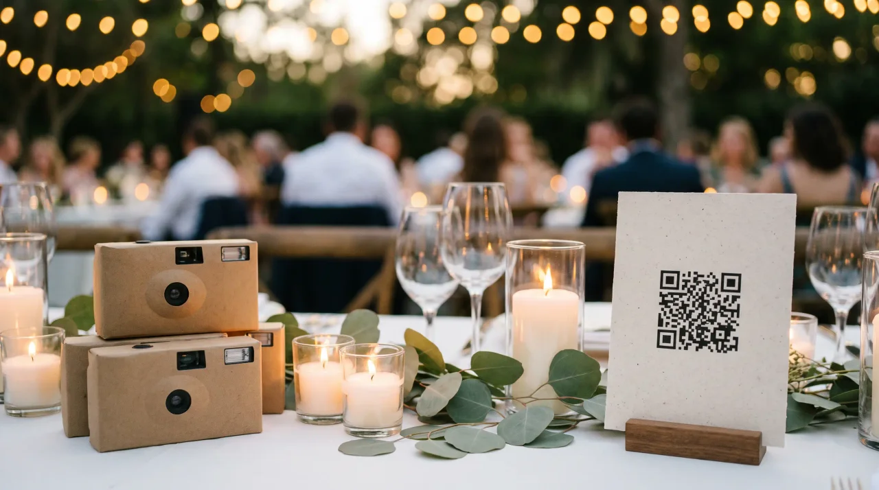 Disposable cameras beside a QR code table card on a wedding reception table at dusk