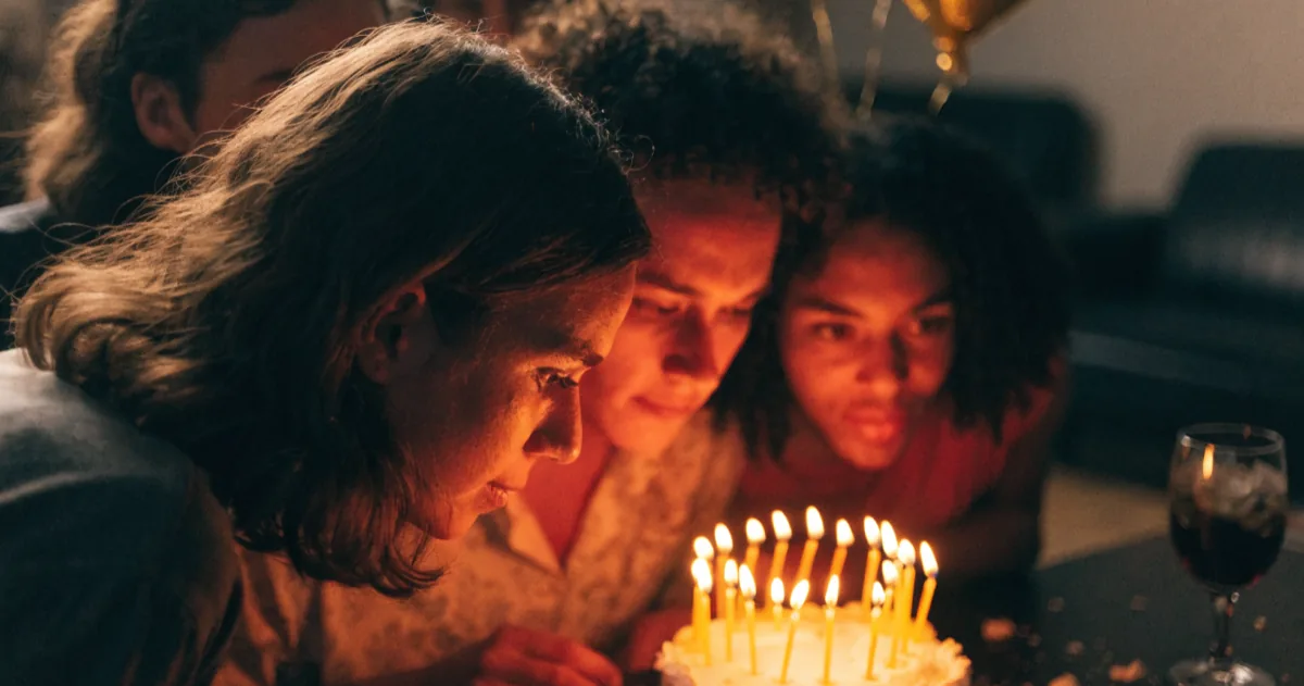 A birthday table lit by candles with gold balloons behind it and friends leaning in around the cake