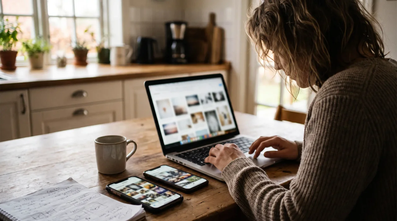 Person at a kitchen table comparing shared photo album options on a laptop and two phones