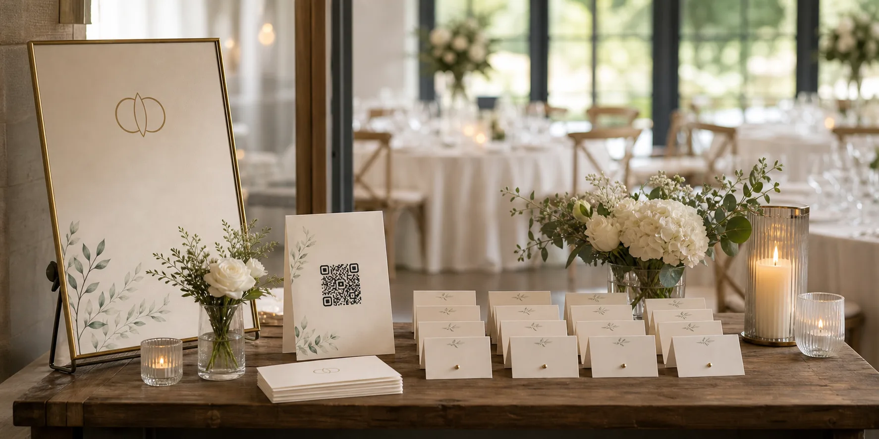 Wedding table signage and QR cards placed before guests arrive