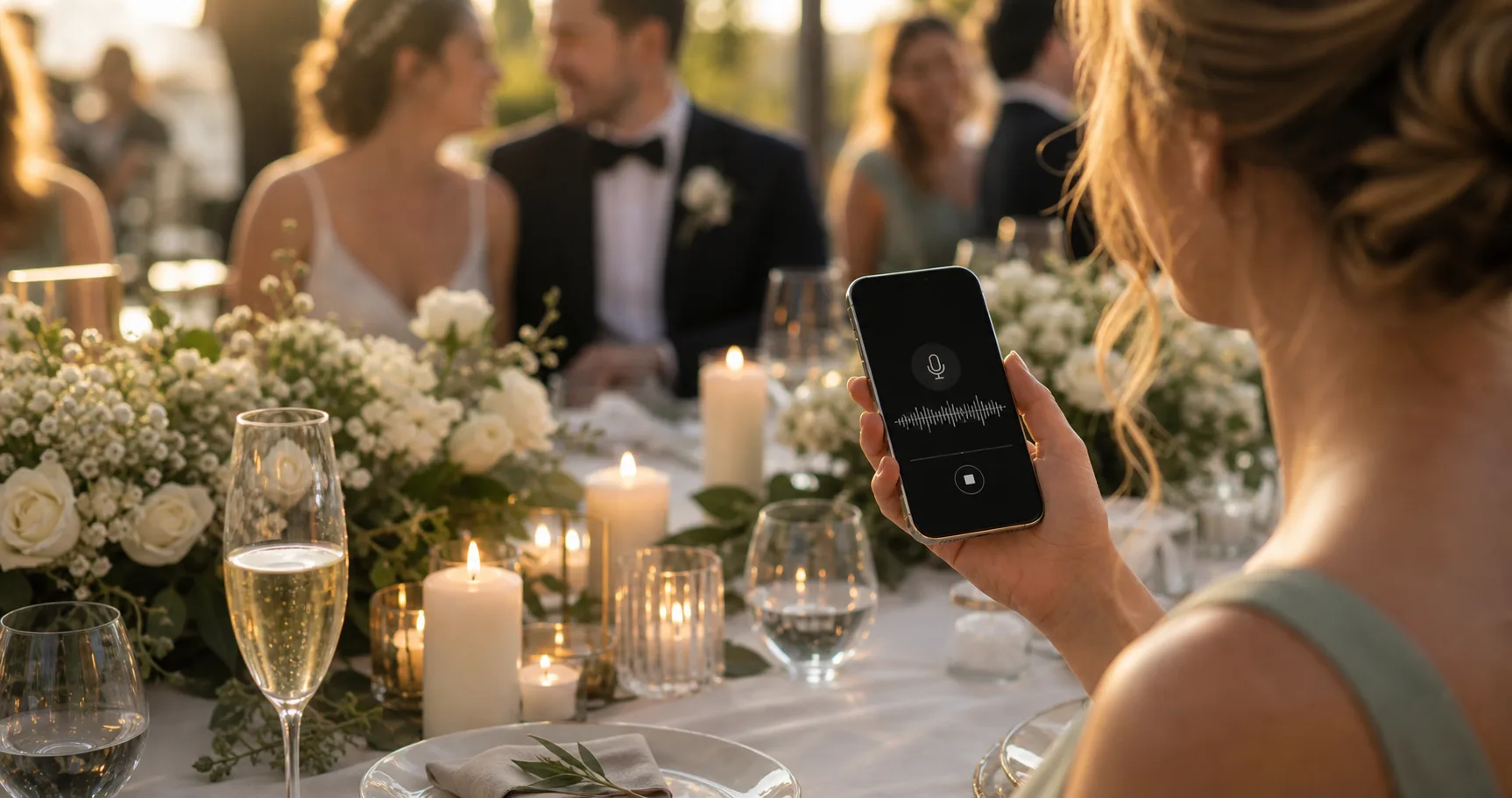 Wedding guest recording a voice note as part of an event album