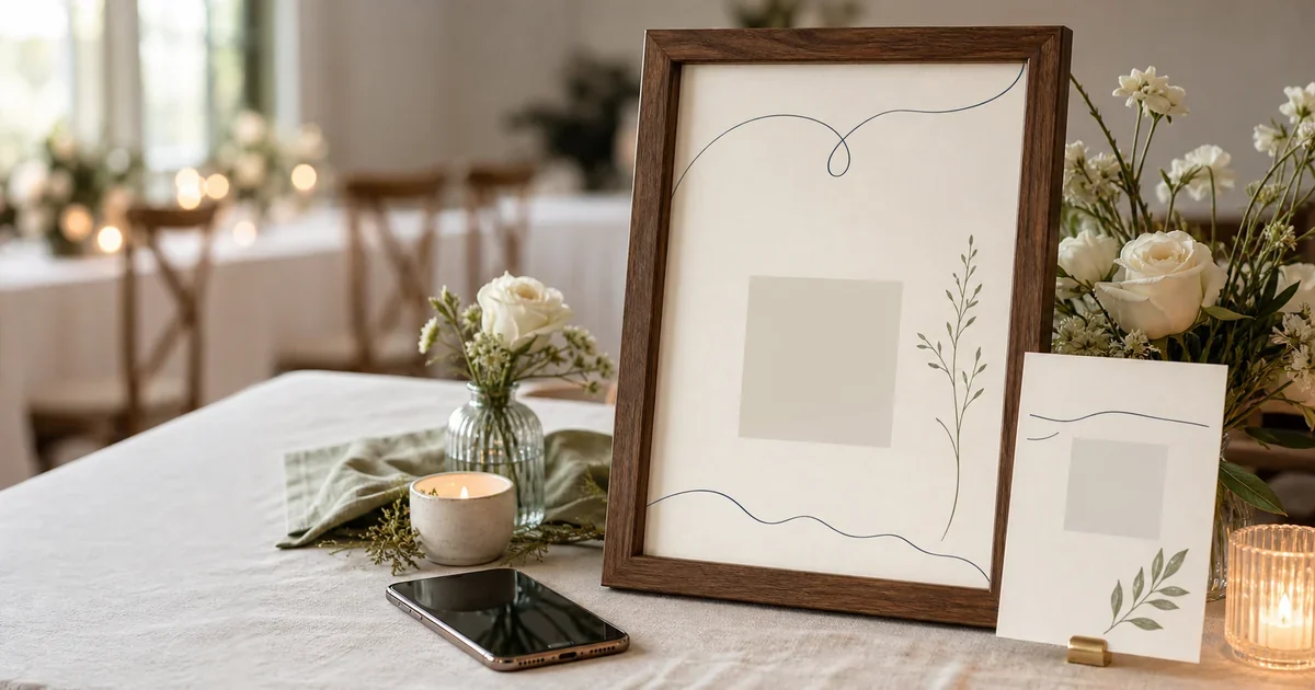 Framed audio guestbook sign and table card with blank QR placeholders on a wedding welcome table