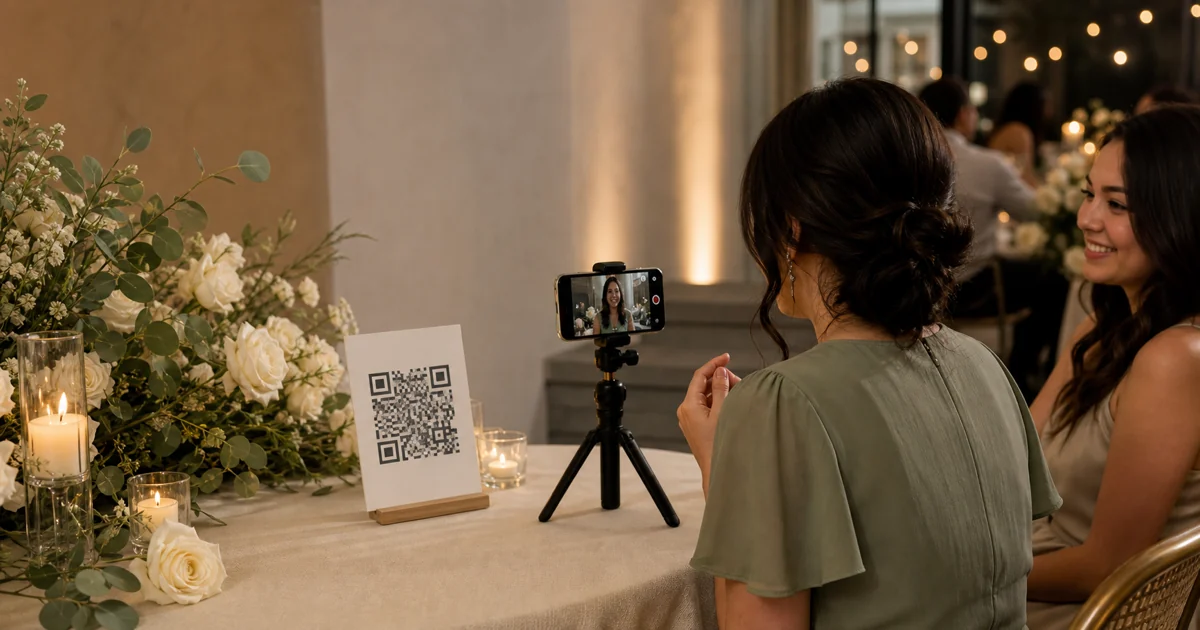 Ein Hochzeitsgast nimmt neben einem gedruckten QR-Code-Schild eine Videobotschaft an einem dezent beleuchteten Empfangstisch auf