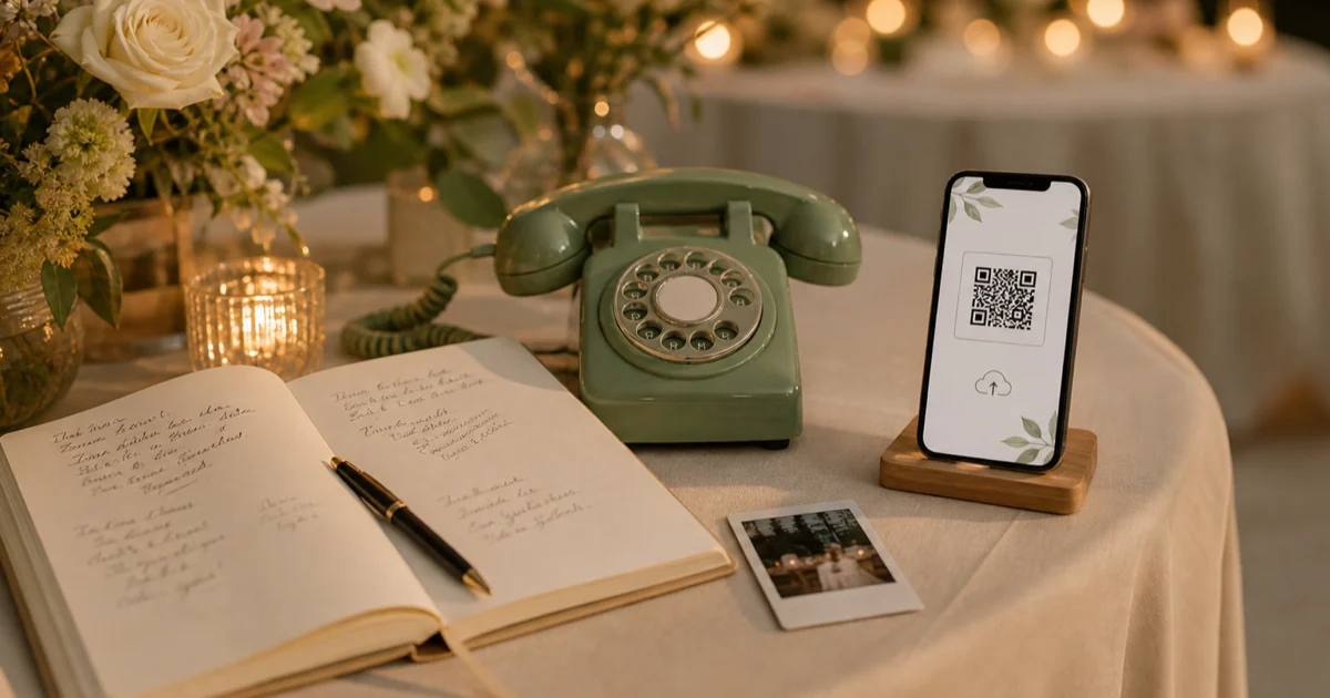 Ein Tisch mit handgeschriebenem Hochzeitsgästebuch, Audiotelefon, Sofortbild und QR-Upload auf einem Smartphone.