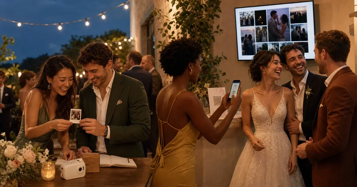 Wedding guests enjoying instant photos, a phone upload, and a live photo wall at one reception.