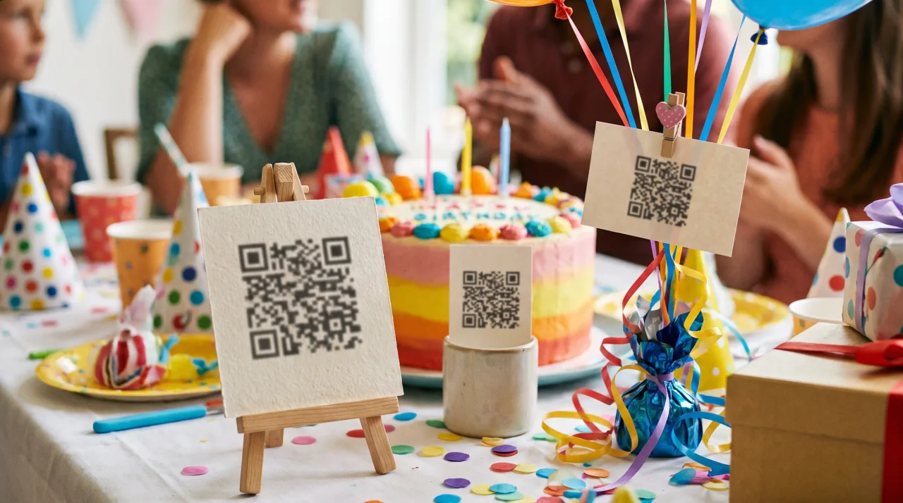 小さなQRコードカードをいくつもの方法で見せている誕生日のテーブル。木製のミニイーゼルに立てたものや、バルーンウェイトに留めたもの