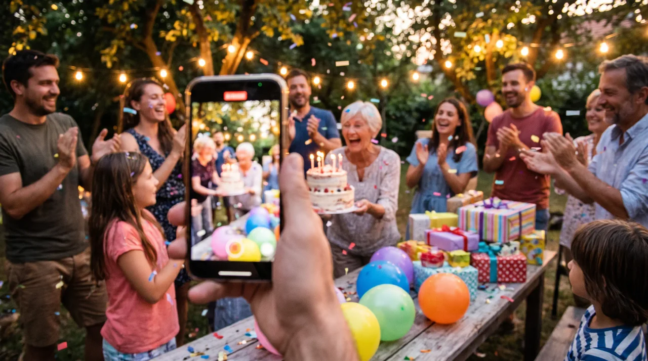 盛り上がる誕生日パーティーの引きの構図。ケーキの瞬間、笑うゲスト、贈り物のテーブルが一画面に収まり、掲げたスマートフォンがそれを撮っている
