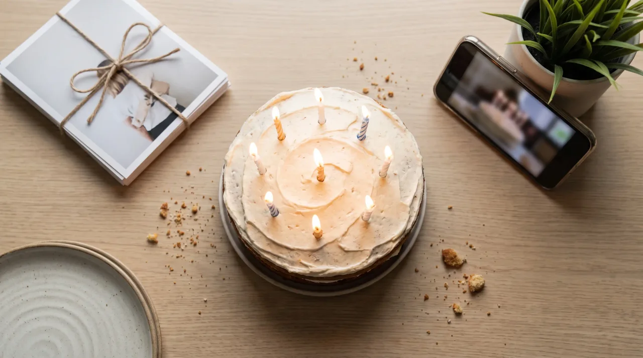 真上から見た誕生日のテーブル。片側にプリント写真の束、もう片側にビデオメッセージを再生するスマートフォン