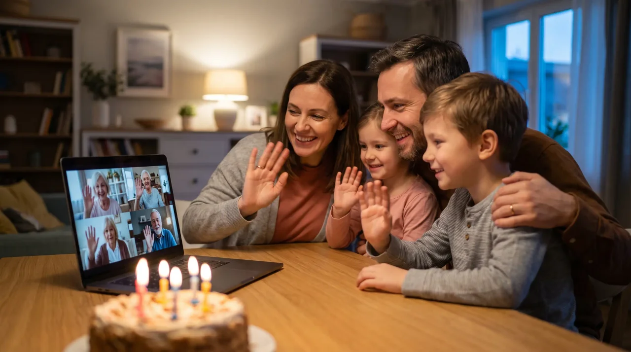 誕生日のテーブルでノートパソコンを囲む家族。画面には遠方の親族とのビデオ通話が映り、全員が手を振って笑っている