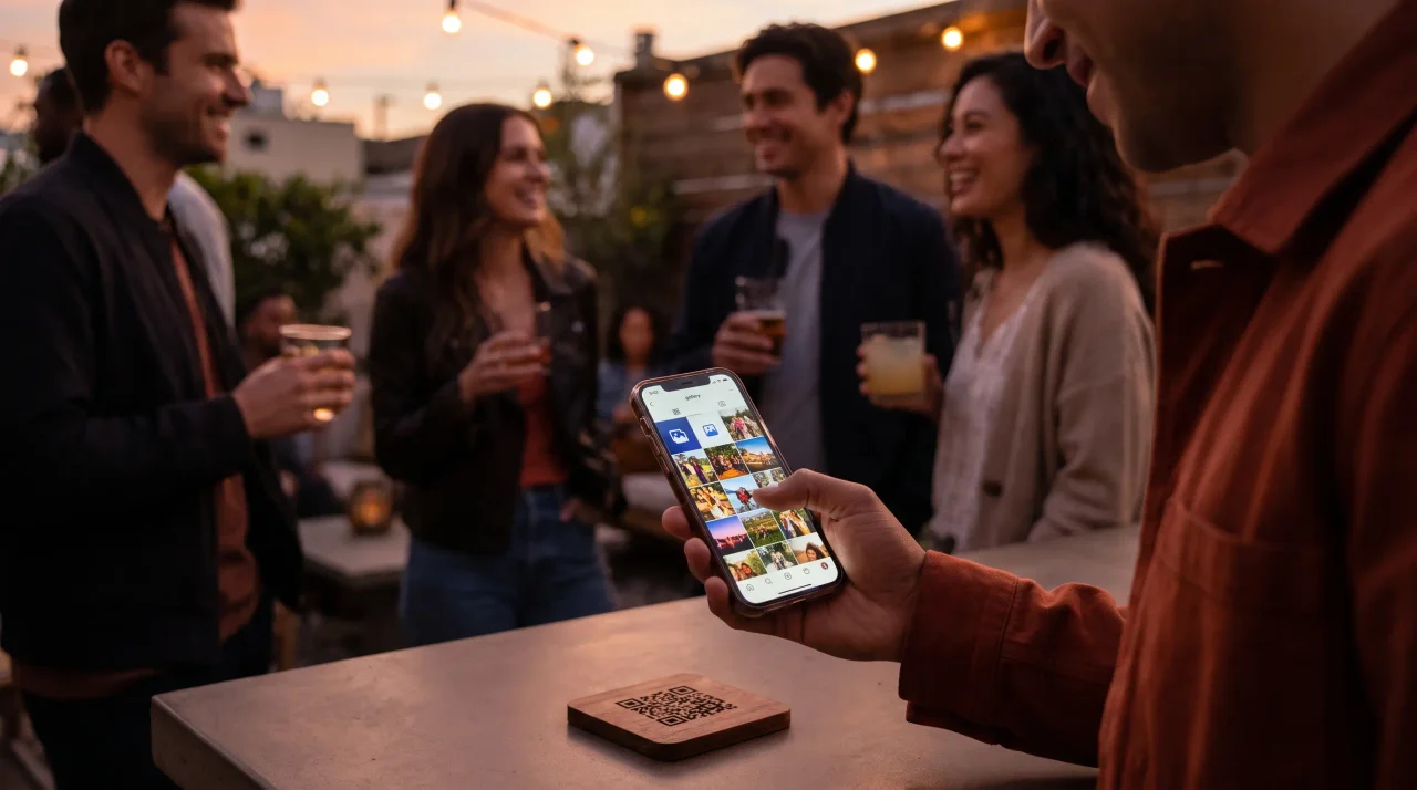 パーティーのゲストがQRコードを読み取り、登録なしでスマートフォンにすぐ写真ギャラリーが表示される。後ろには友人たち