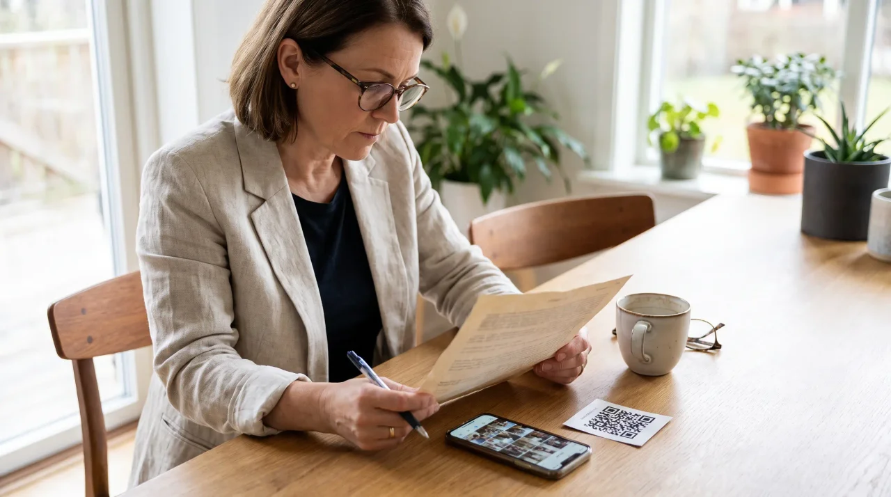フォトアルバムを表示したスマートフォンの横で、ペンを手に印刷された案内シートを読む主催者