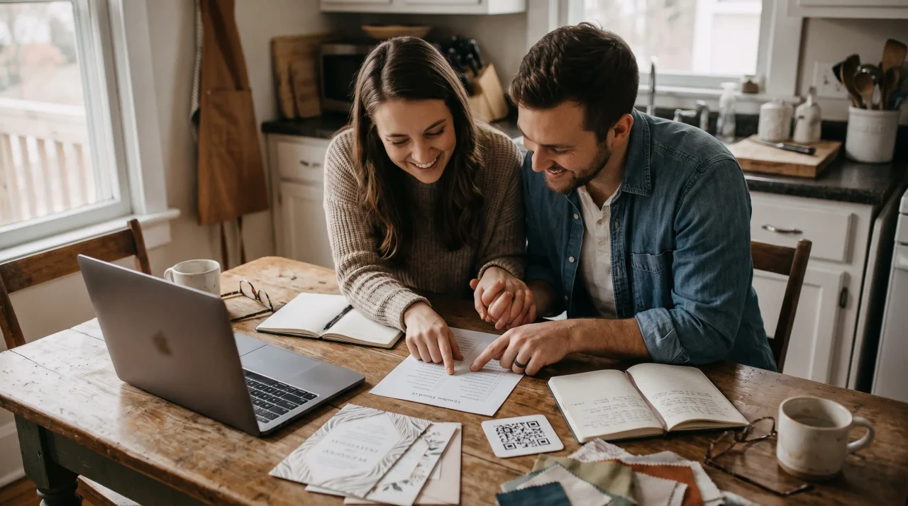 キッチンテーブルでノートパソコンの結婚式準備チェックリストを確認する婚約中のカップルと、そばのQRカード