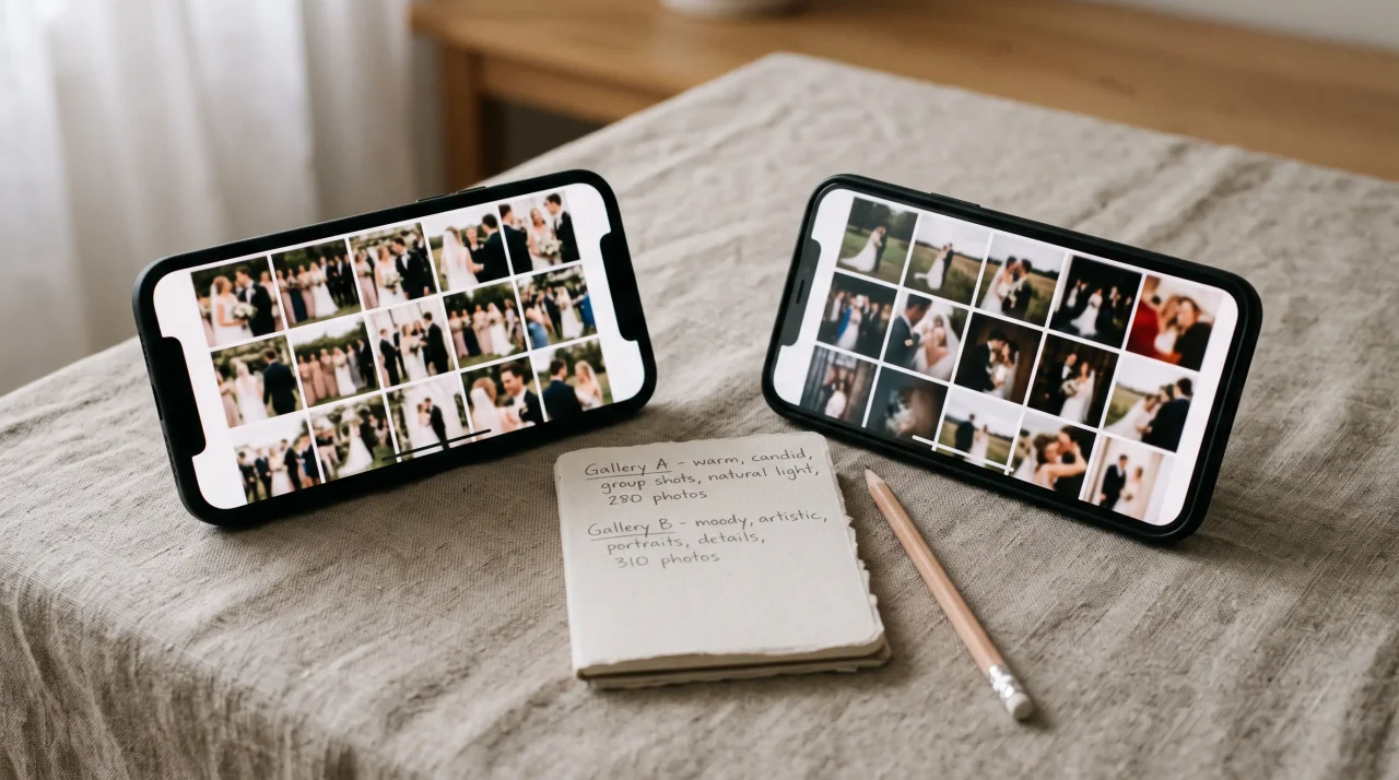 異なる結婚式の写真ギャラリーを表示した2台のスマートフォンが並び、その間に手書きの比較メモ