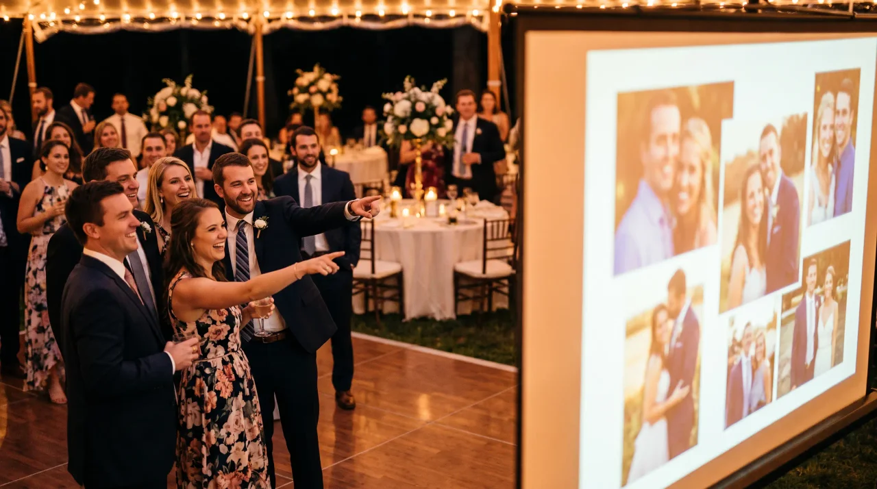 ダンスフロア脇の大型スクリーンにゲストの写真のスライドショーが流れる結婚披露宴。ゲストが見上げて指をさしている