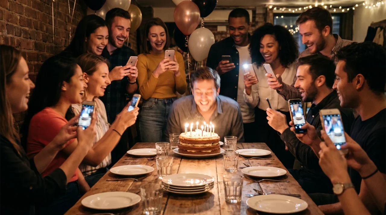 誕生日のテーブルを囲むゲストが一斉にスマートフォンを掲げ、ろうそくを吹き消す瞬間のケーキを撮影している。動きと笑い声
