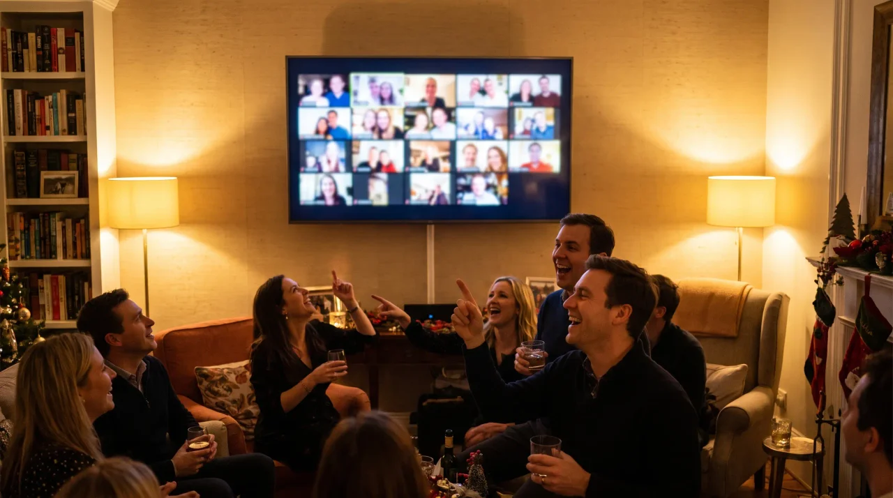 壁掛けテレビにゲストの写真がライブでグリッド表示されているリビングのパーティー。ゲストたちが見上げて笑っている