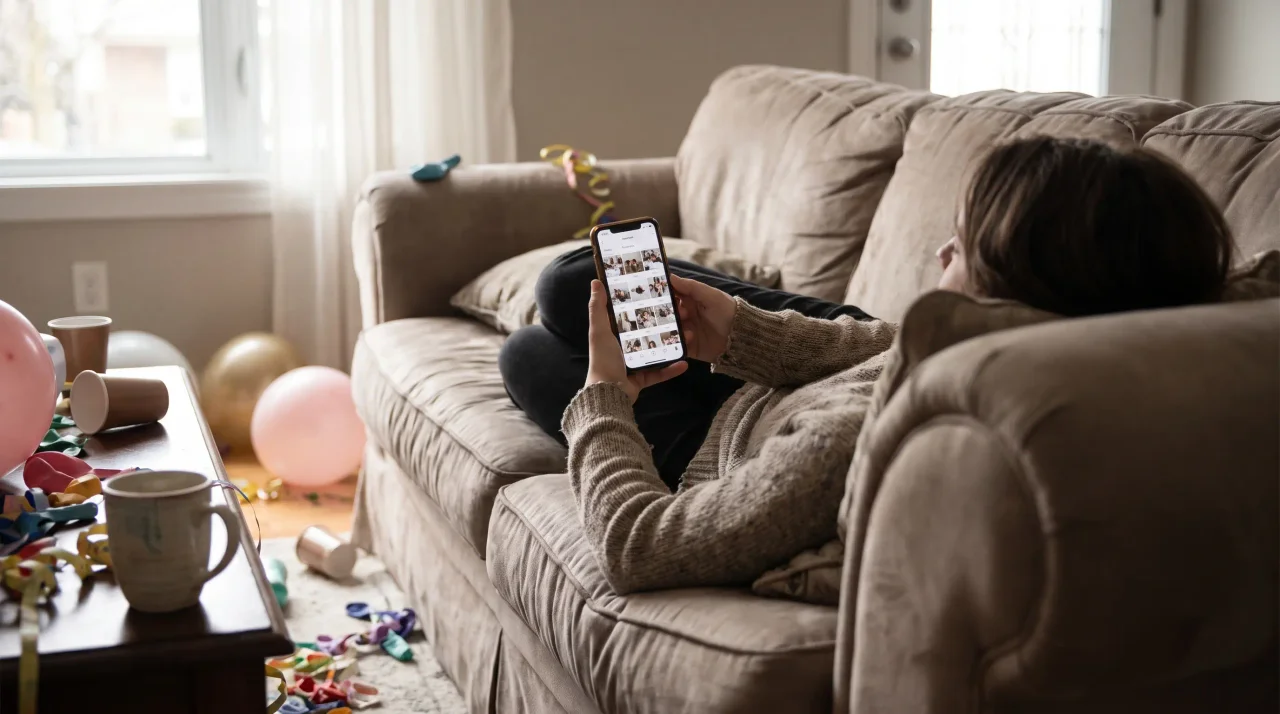 パーティーの翌朝、ソファでスマートフォンの整理された1つの写真ギャラリーを眺める人。背景にコーヒーカップと片付け前の名残がやわらかくぼけている