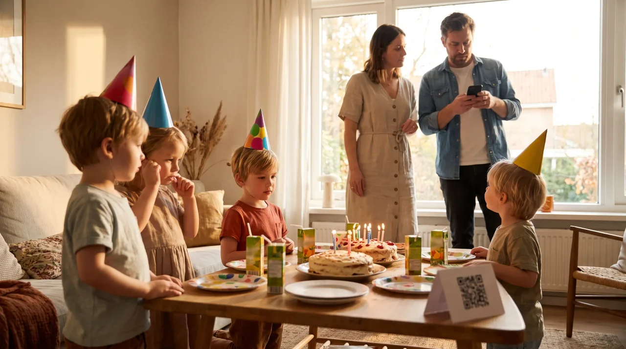 誕生日パーティーの子どもたちと、テーブルのQRコードカードの横でスマートフォンを確認する保護者