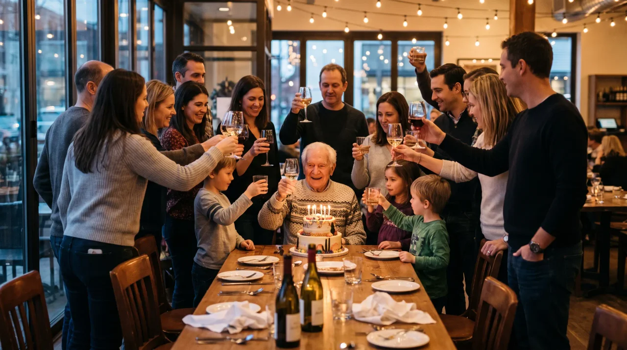 節目の誕生日の食事会で長テーブルの上座に座る年配の人を、三世代の家族がグラスを掲げて囲んでいる