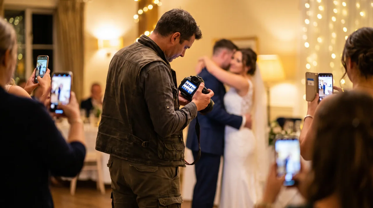 背景でゲストがスマートフォンで新郎新婦を撮影するなか、作業着姿の結婚式カメラマンがカメラの背面で画像を確認している