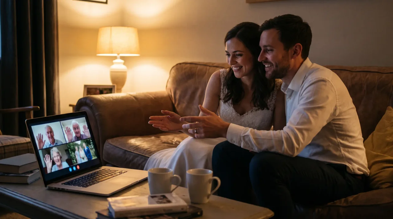 海外の親族とのビデオ通話中に、自宅のソファでノートパソコンの結婚アルバムを見せる新婚の夫婦