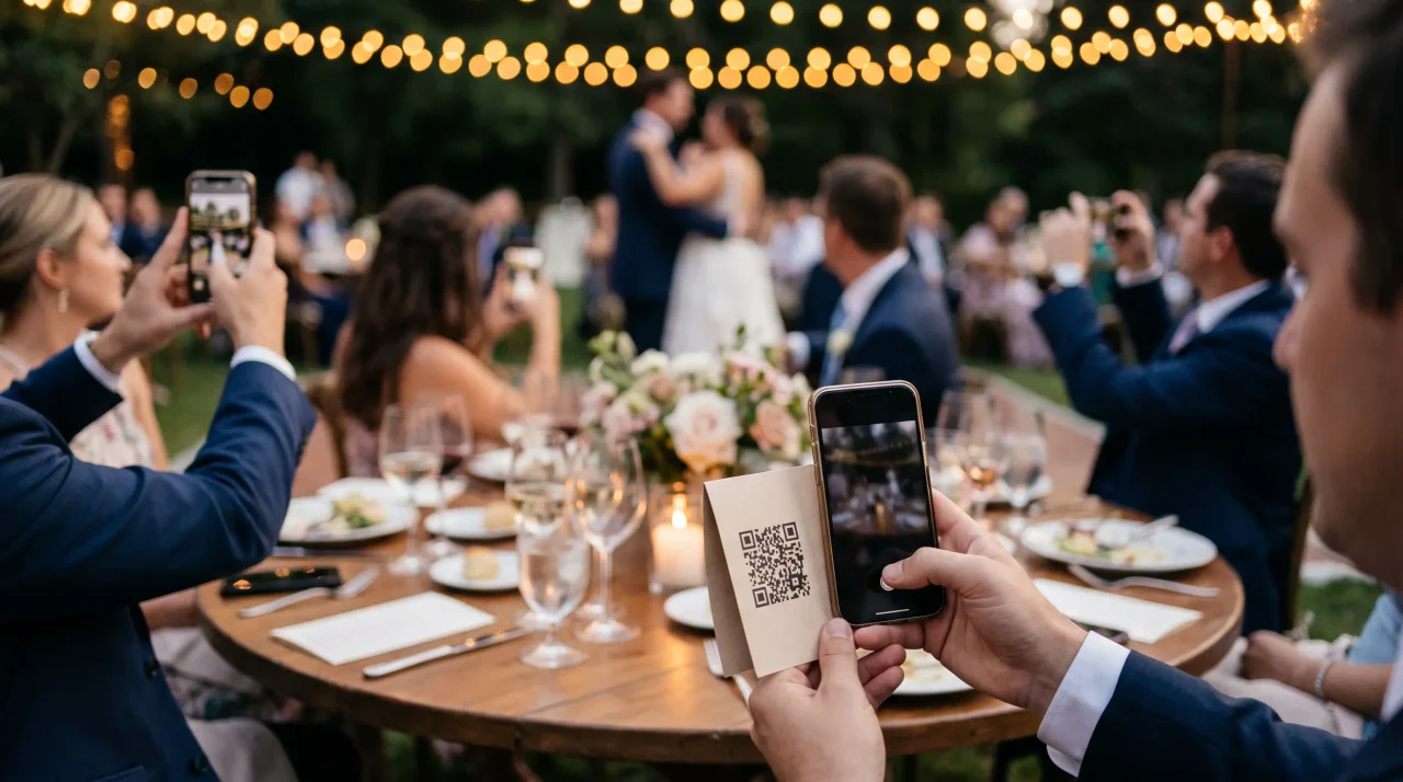 ファーストダンスを撮影する結婚式のゲストたちと、テーブルのQRカードを読み取る1人