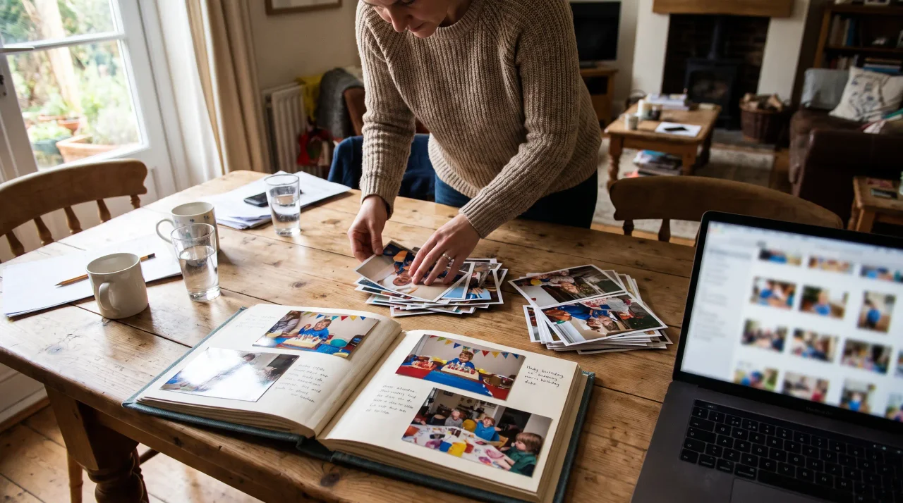 ダイニングテーブルで、刷り上がったばかりの誕生日の写真を、開いたフォトブックとアルバムを表示したノートパソコンの横に並べる人