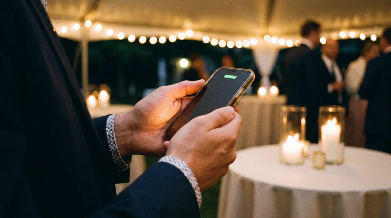 メッセージを録音するスマートフォンを包み込む結婚式ゲストの手の接写。背景では披露宴がやわらかくぼけて輝いている