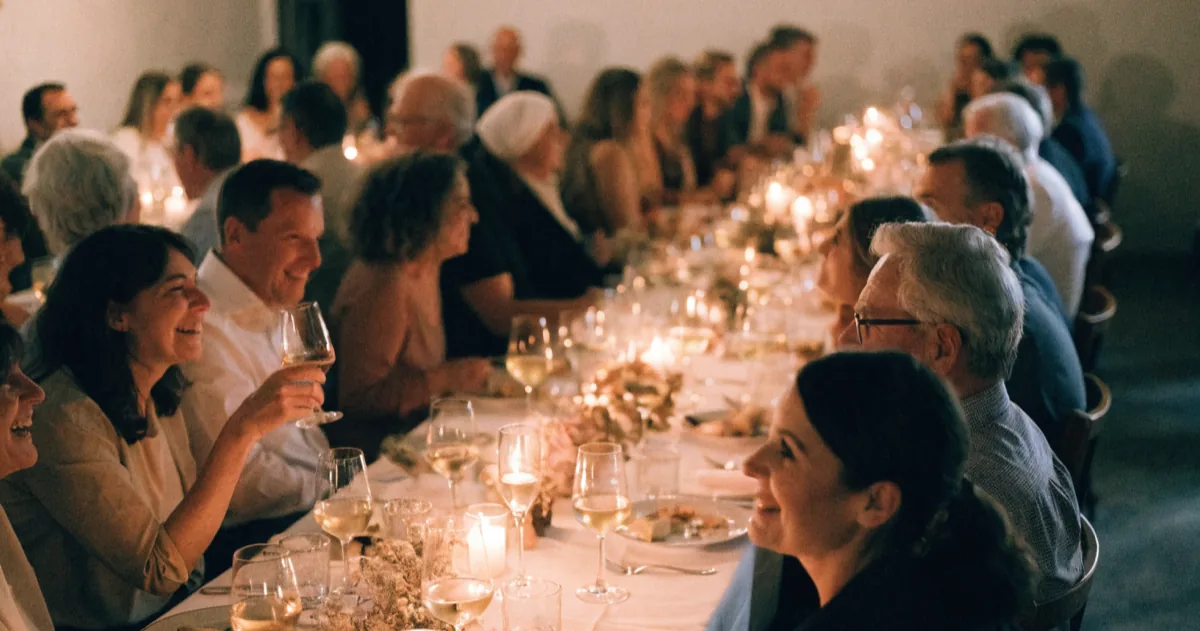 Around thirty wedding guests seated at one long candlelit table at a small reception.