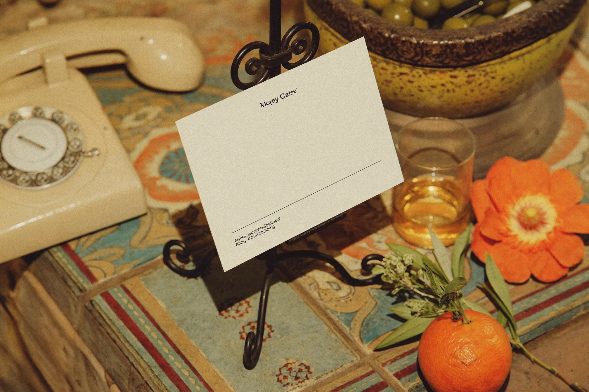 Cartel enmarcado para un libro de firmas de audio y tarjeta de mesa con espacios QR vacíos en una mesa de bienvenida de boda