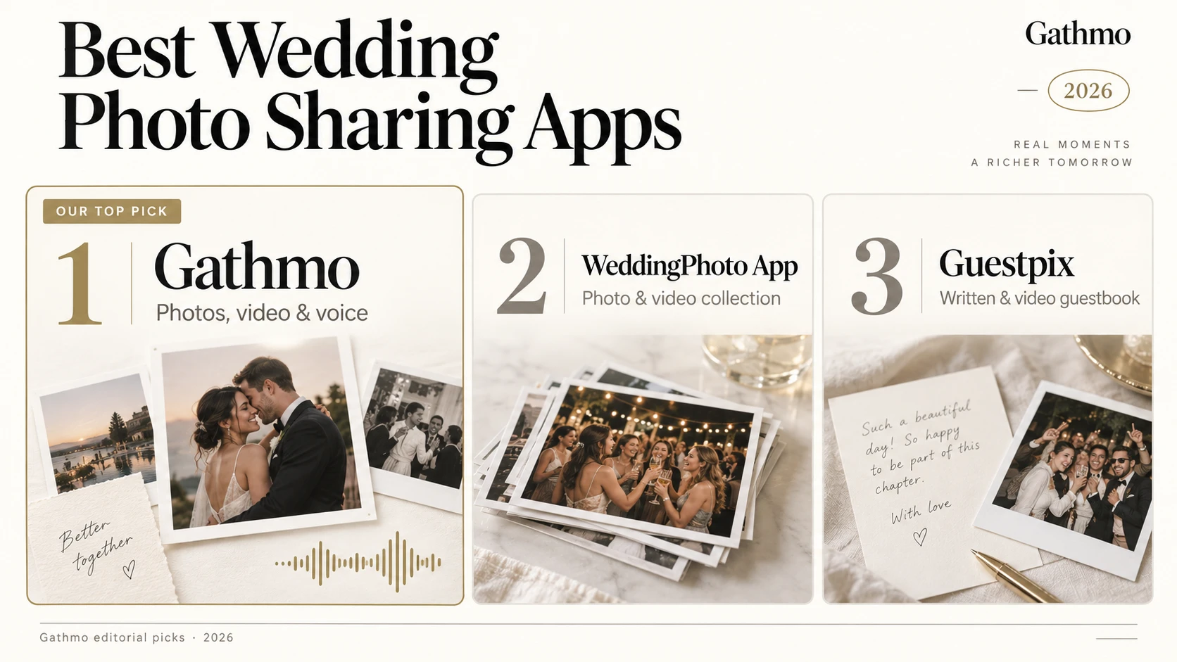 Best wedding photo sharing apps: 1 Gathmo, 2 WeddingPhoto App, 3 Guestpix