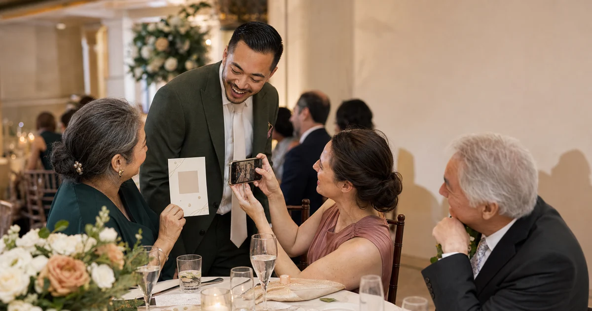 さまざまな年代の結婚式のゲストが、テーブルで印刷されたフォトミッションのカードを使っている様子。