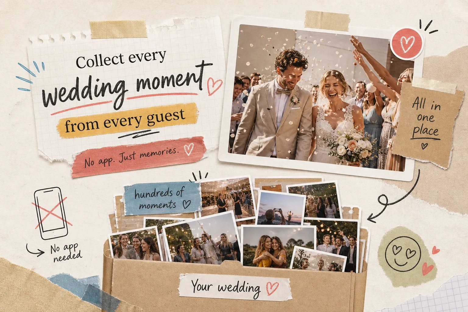 Wedding scrapbook illustration with a celebrating couple, guest photos and a no-app photo collection message