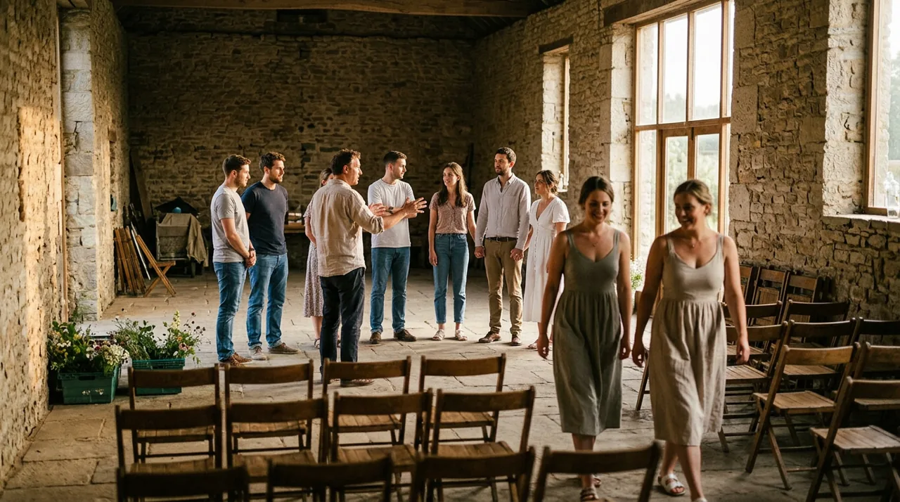 Hochzeitsgesellschaft bei der Zeremonienprobe in einer leeren Location am Abend vor der Hochzeit